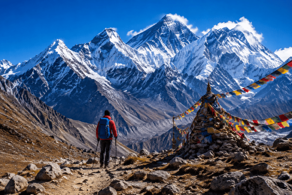Mount Everest and the Himalayan mountain range viewed during an Everest trekking adventure in Nepal