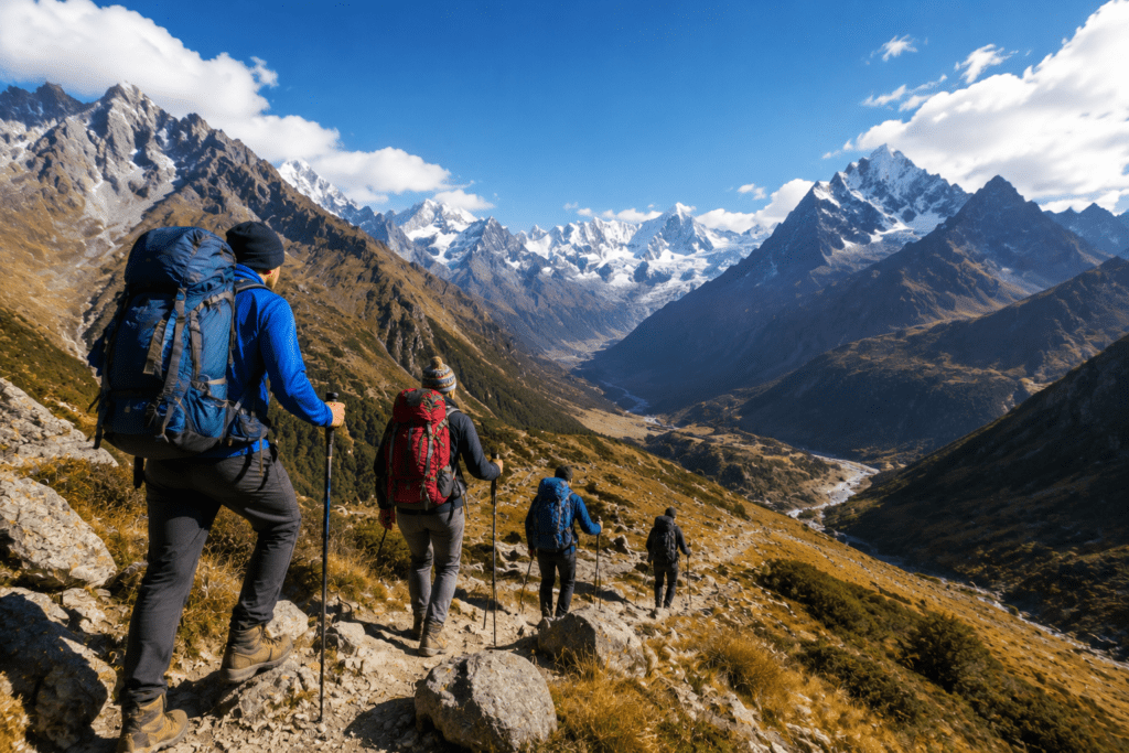 Group of trekkers hiking through rocky mountain trail with backpacks in Himalayan landscape during adventure trekking journey